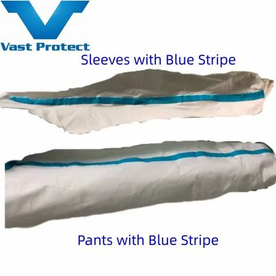 White Breathable Disposable Microporous Coverall with Customized Request and Blue Tape