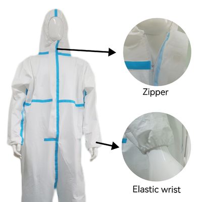 55GSM-70GSM Micro Porous Protective Hooded Work Wear Safety Chemical Coverall With Stick Strip