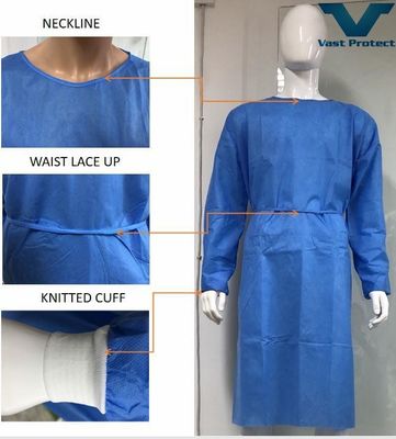 Knitted Fabric Cuff SMS Isolation Gown Tear Resistant and Hydroponic En13795-2-2019 Certified