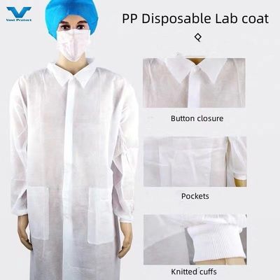 Disposable Polypropylene Lab Coat with Elastic Wrists and Snap Closure Unisex Waterproof