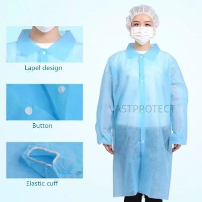 Disposable Polypropylene Lab Coat with Elastic Wrists and Snap Closure Unisex Waterproof